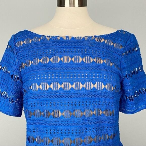 Tracy Reese Womens Blue Lace Short Sleeve Tee Top Scoop Back Flounce Hem size M - Picture 4 of 13